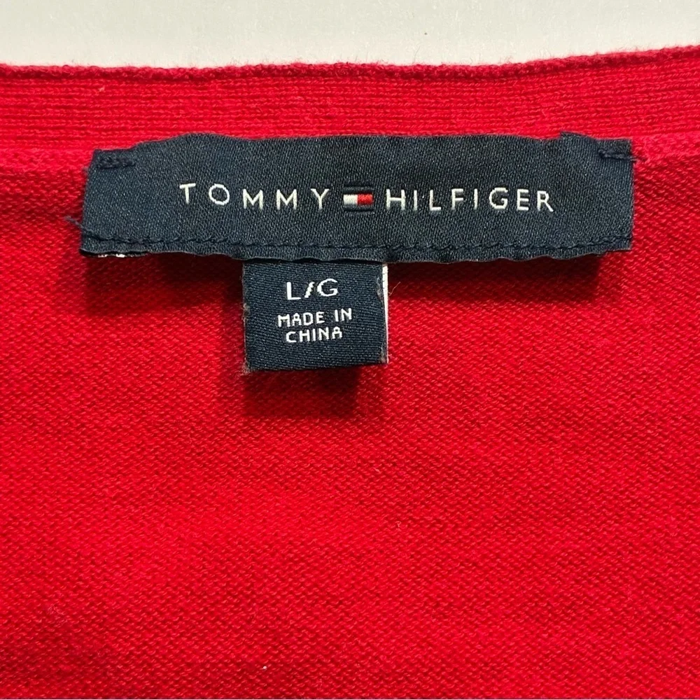 Tommy Hilfiger V-Neck 100% Cotton Sweater Gold Studs Argyle Pattern Size Large